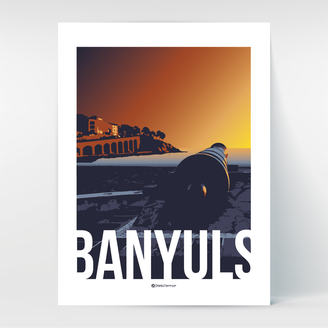 Affiche poster Hello Terroir Baie de Banyuls canon et arcades au coucher du soleil. Style moderne et graphique, couleurs chaudes