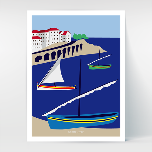 Affiche Poster Hello Terroir Barques catalanes dans la baie de Banyuls sous les arcades
