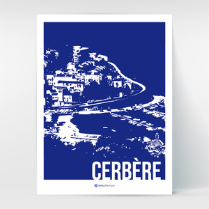 Affiche Poster Hello Terroir illustration numérique Cerbère vue port, pénétrante et Belvédère. Bleu marine et blanc