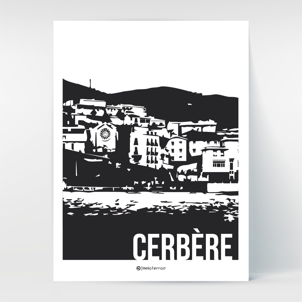 Affiche Poster Hello Terroir Cerbère Illustration église et village moderne noir et blanc 