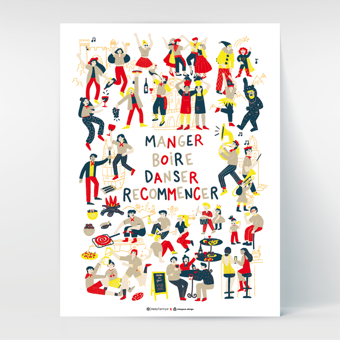 Affiche Poster Hello Terroir Manger, Boire, Danser en pays catalan illustration personnages