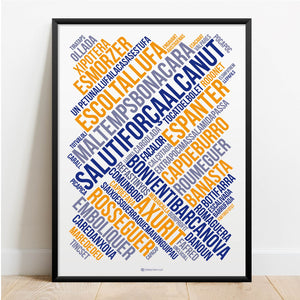 Affiche Poster Hello Terroir expressions catalanes style graphique bleus et orange dans décor cadre