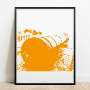 Affiche Poster Hello Terroir Illustration stylisée canon et arcades dans la baie de Banyuls. Orange vif sur fond blanc. Dans décor cadre